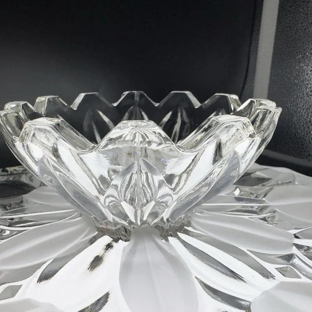 Vintage Bohemian Czech Crystal Cake Stand Frosted Clear Petal Pedestal Plate 12